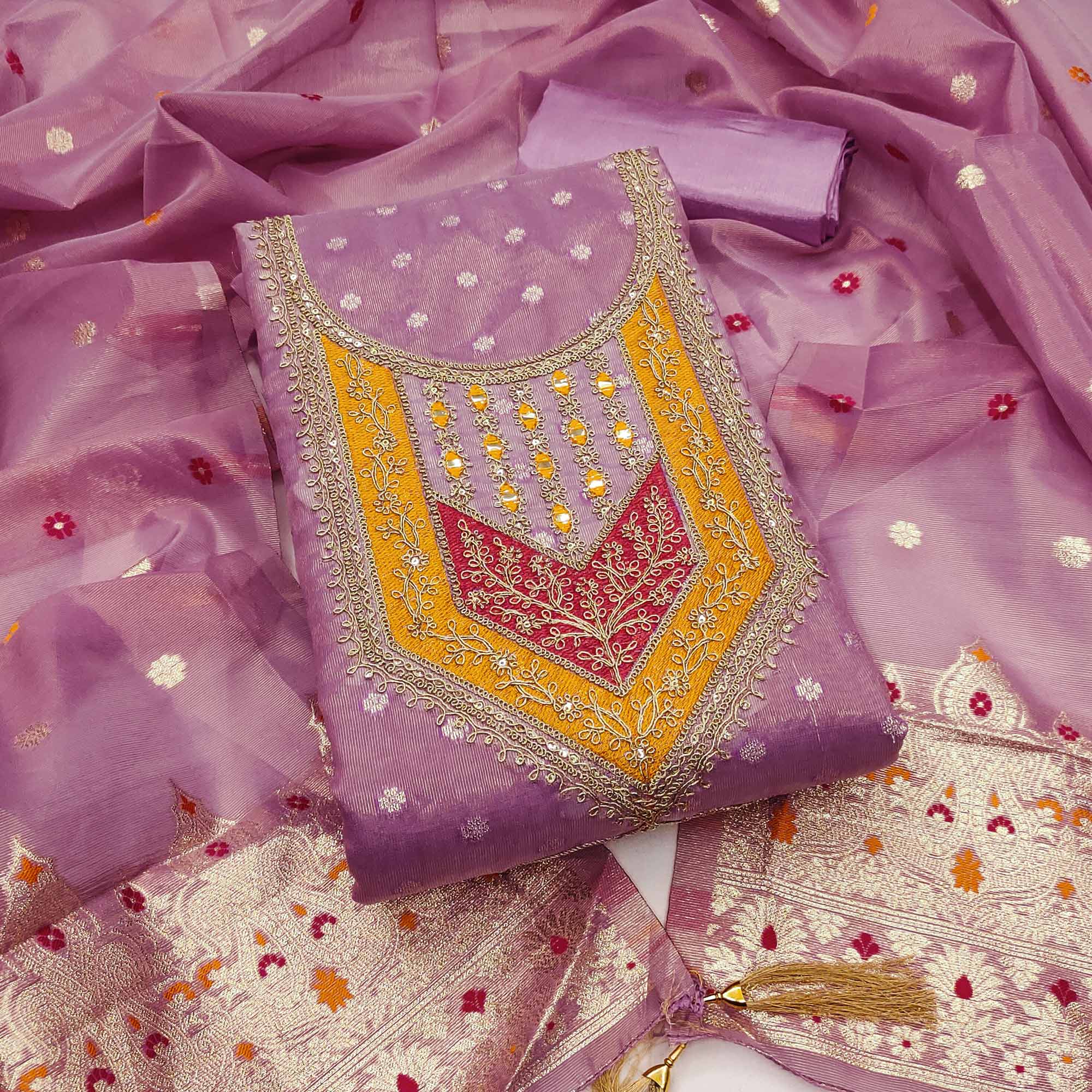 Lavender Shimmer Dress Material Featuring Floral Weaving & Sparkling Sequins Embroidery