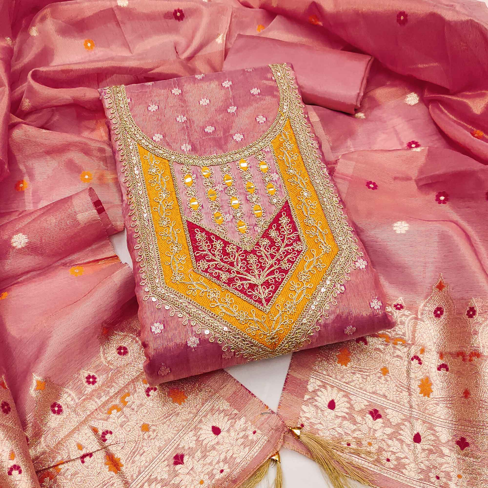 Peach Shimmer Dress Material Featuring Floral Weaving & Sparkling Sequins Embroidery