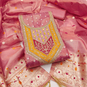 Peach Shimmer Dress Material Featuring Floral Weaving & Sparkling Sequins Embroidery