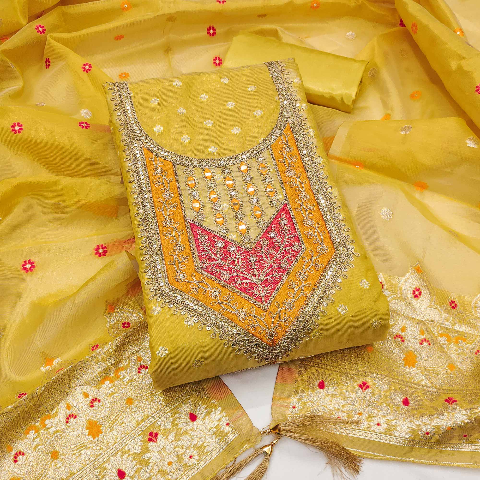 Yellow Shimmer Dress Material Featuring Floral Weaving & Sparkling Sequins Embroidery