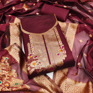 Maroon Organza Silk Dress Material Adorned With Exquisite Floral Zari Weaving Work