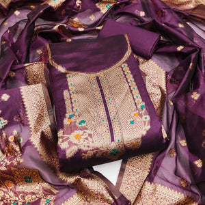 Wine Organza Silk Dress Material Adorned With Exquisite Floral Zari Weaving Work