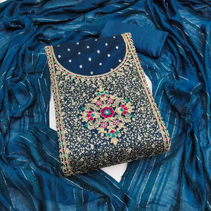 Morpich Blue Floral Butti Jacquard Chanderi Silk Dress Material With Sparkling Sequins Embroidery