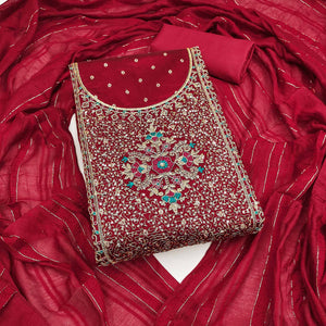 Red Floral Butti Jacquard Chanderi Silk Dress Material Enhanced With Sparkling Sequins Embroidery