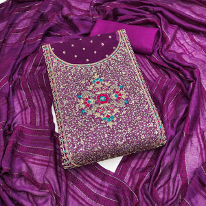 Wine Floral Butti Jacquard Chanderi Silk Dress Material Enhanced With Sparkling Sequins Embroidery