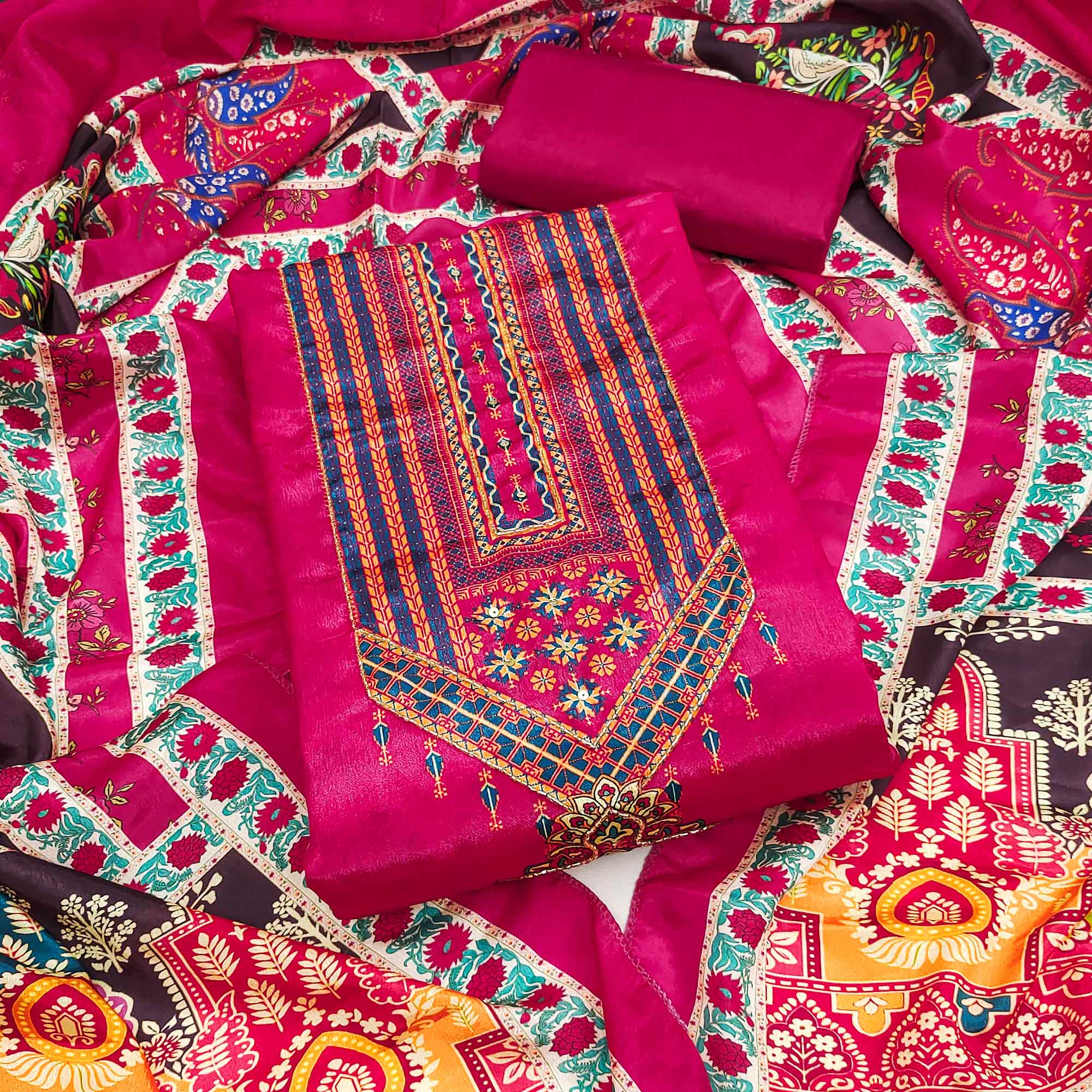 Rani PInk Digital Printed Chinon Dress Material With Sequins & Handwork Embellishment