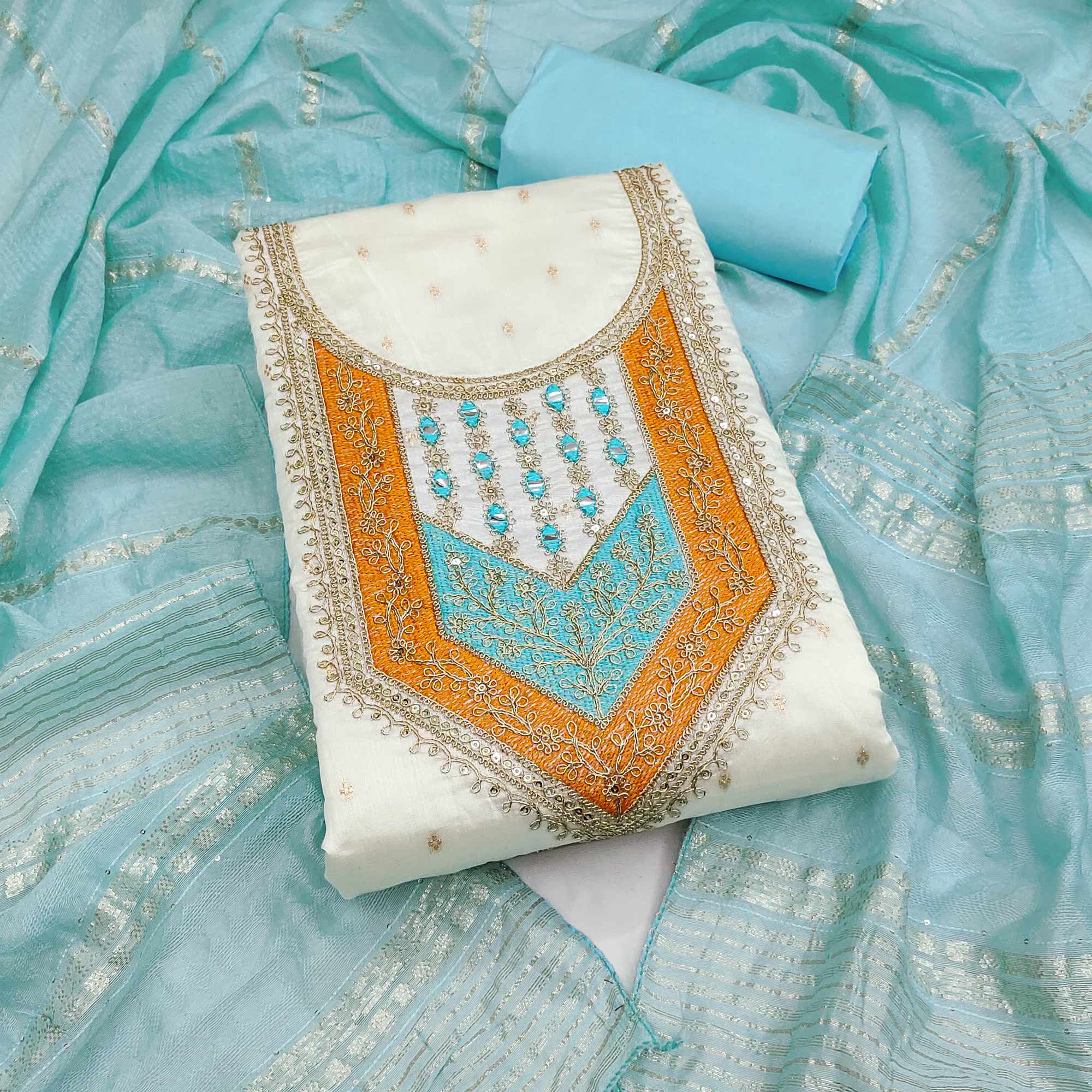 OffWhite & Blue Floral Cording & Sequins Embroidered With Butti Chanderi Silk Dress Material