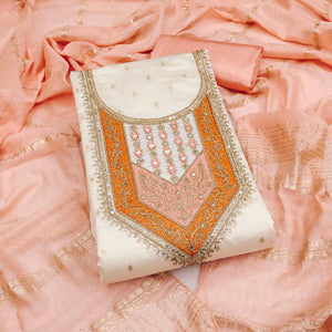 OffWhite & Peach Floral Cording & Sequins Embroidered With Butti Chanderi Silk Dress Material
