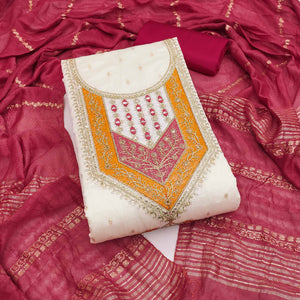 OffWhite & Cherry Red Floral Cording & Sequins Embroidered With Butti Chanderi Silk Dress Material