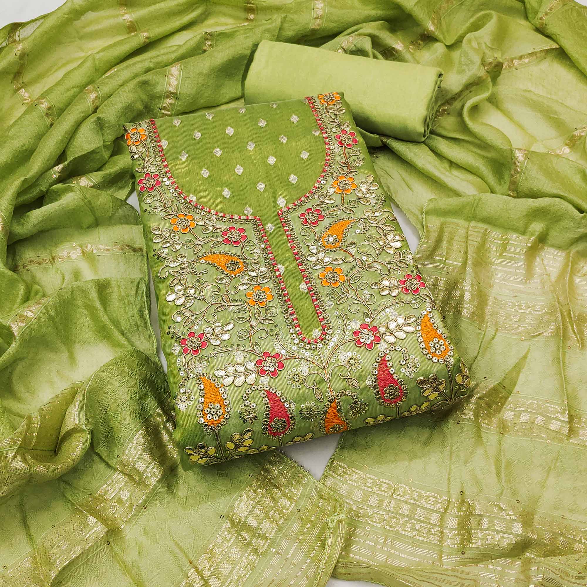 Green Woven Shimmer Dress Material Featuring Sequins Embroidery & Gota Patti Accents