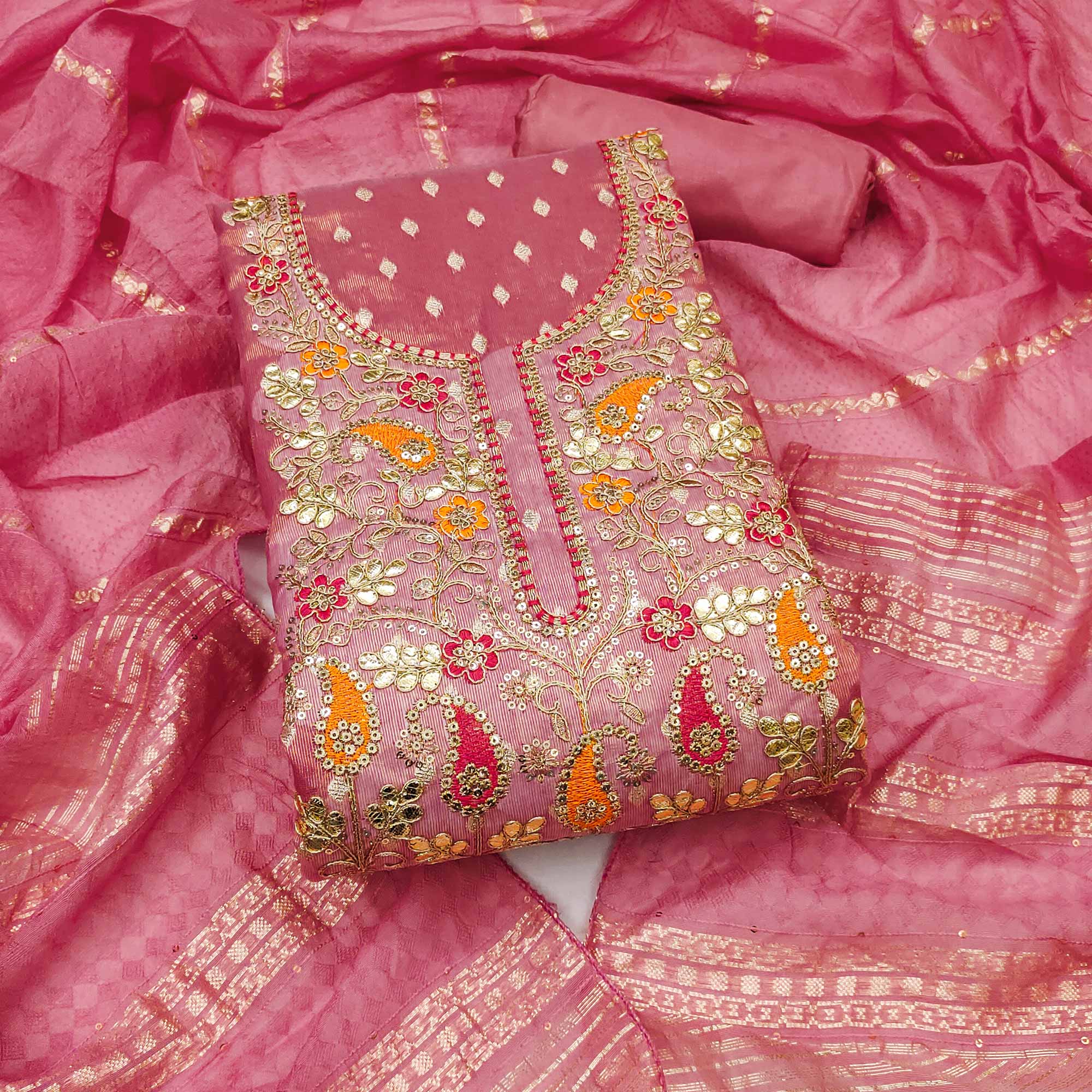 Pink Woven Shimmer Dress Material Featuring Sequins Embroidery & Gota Patti Accents