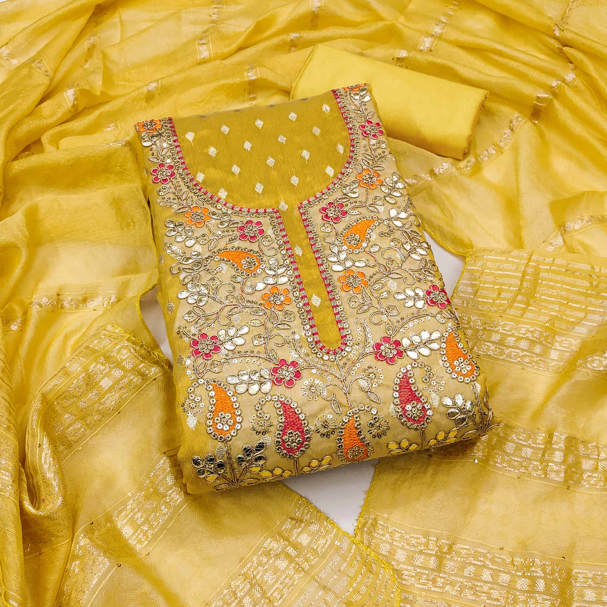 Yellow Woven Shimmer Dress Material Featuring Sequins Embroidery & Gota Patti Accents