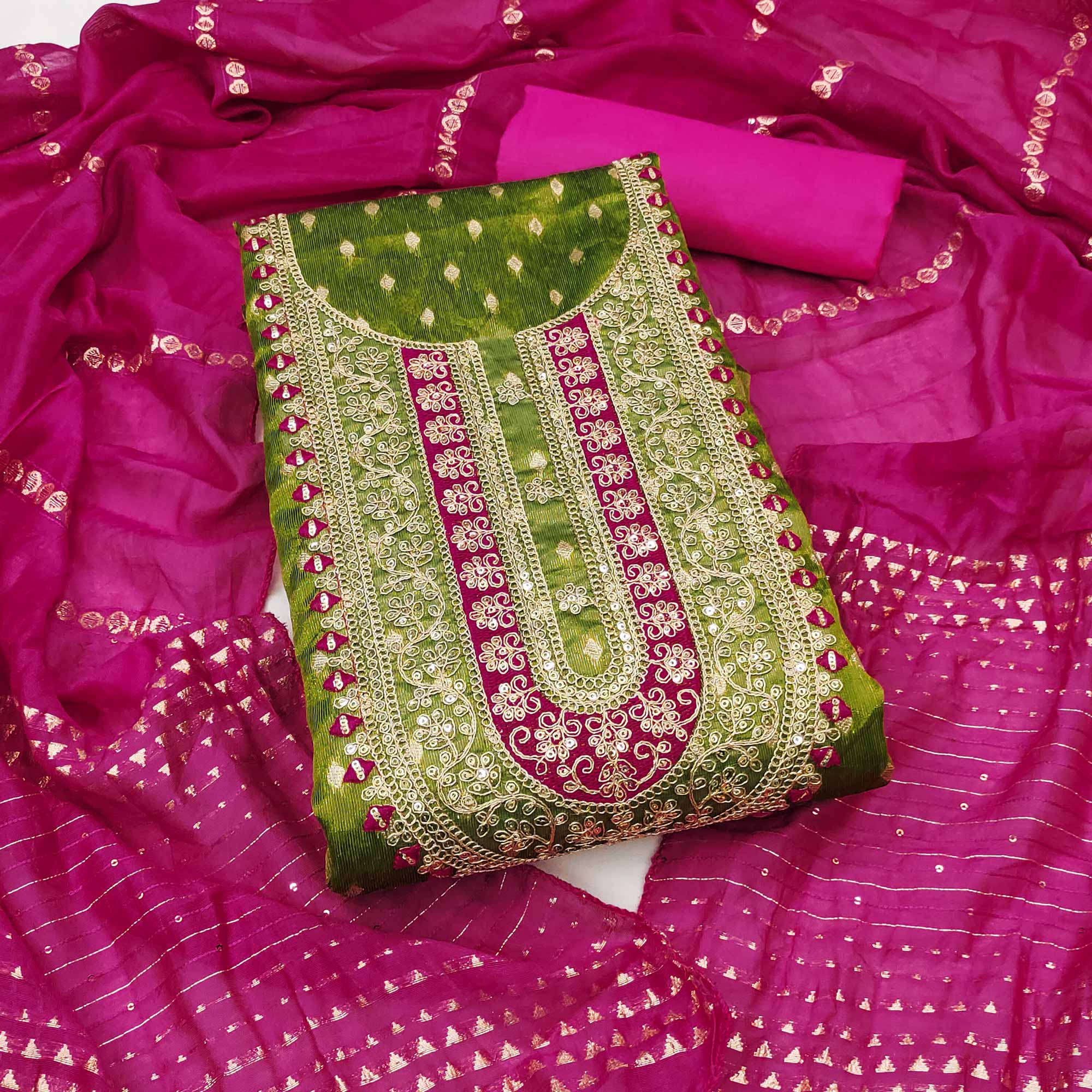 Green Butti Jacquard Shimmer Dress Material Enhanced With Sequins Cording Embroidery