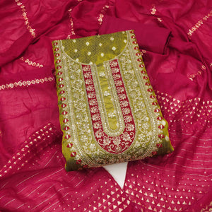 Mehendi Green Butti Jacquard Shimmer Dress Material Enhanced With Sequins Cording Embroidery