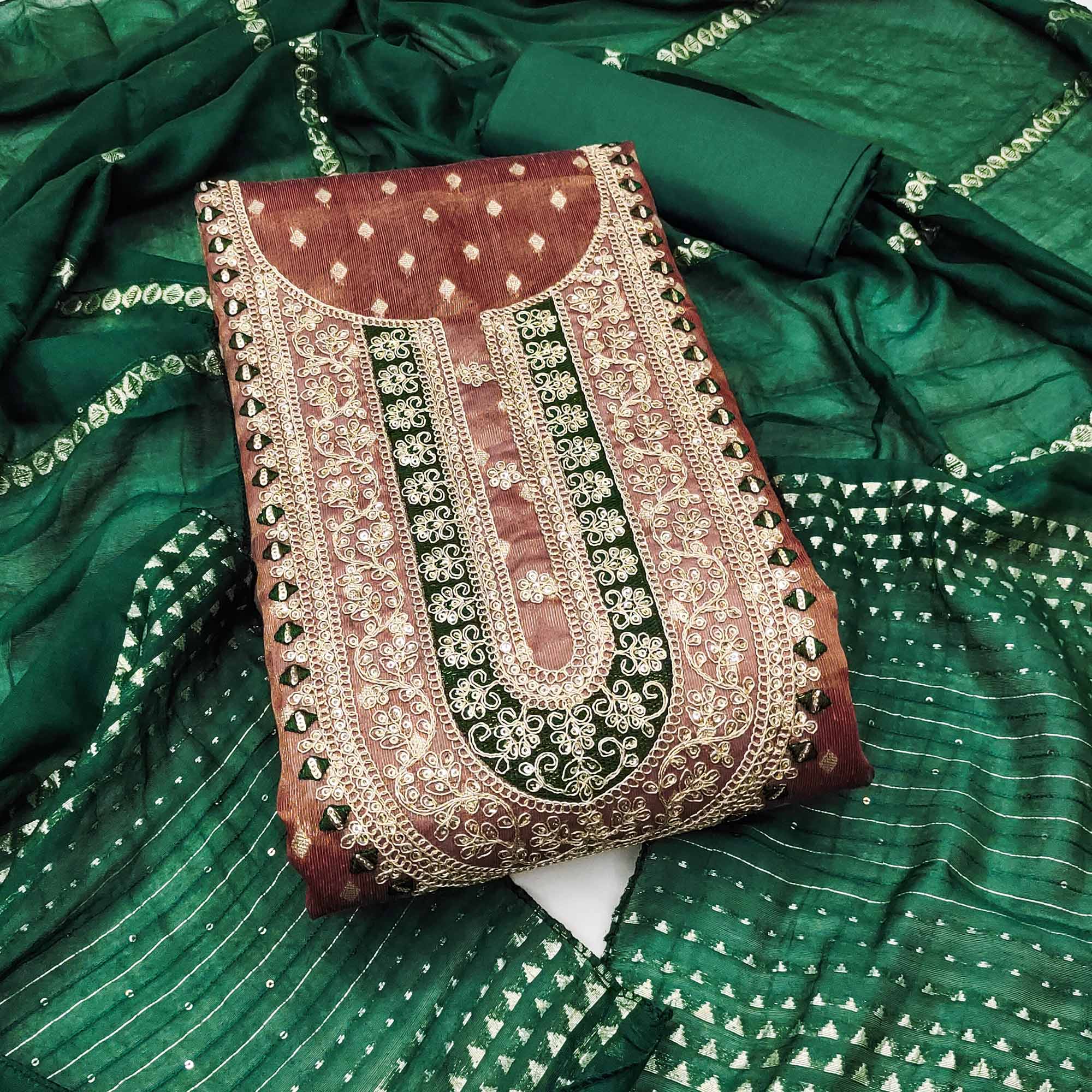 Rust Butti Jacquard Shimmer Dress Material Enhanced With Sequins Cording Embroidery