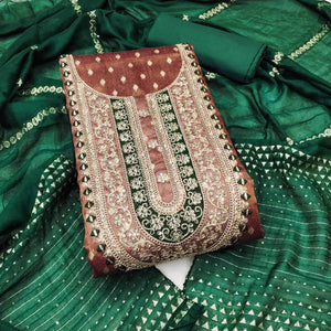 Rust Butti Jacquard Shimmer Dress Material Enhanced With Sequins Cording Embroidery