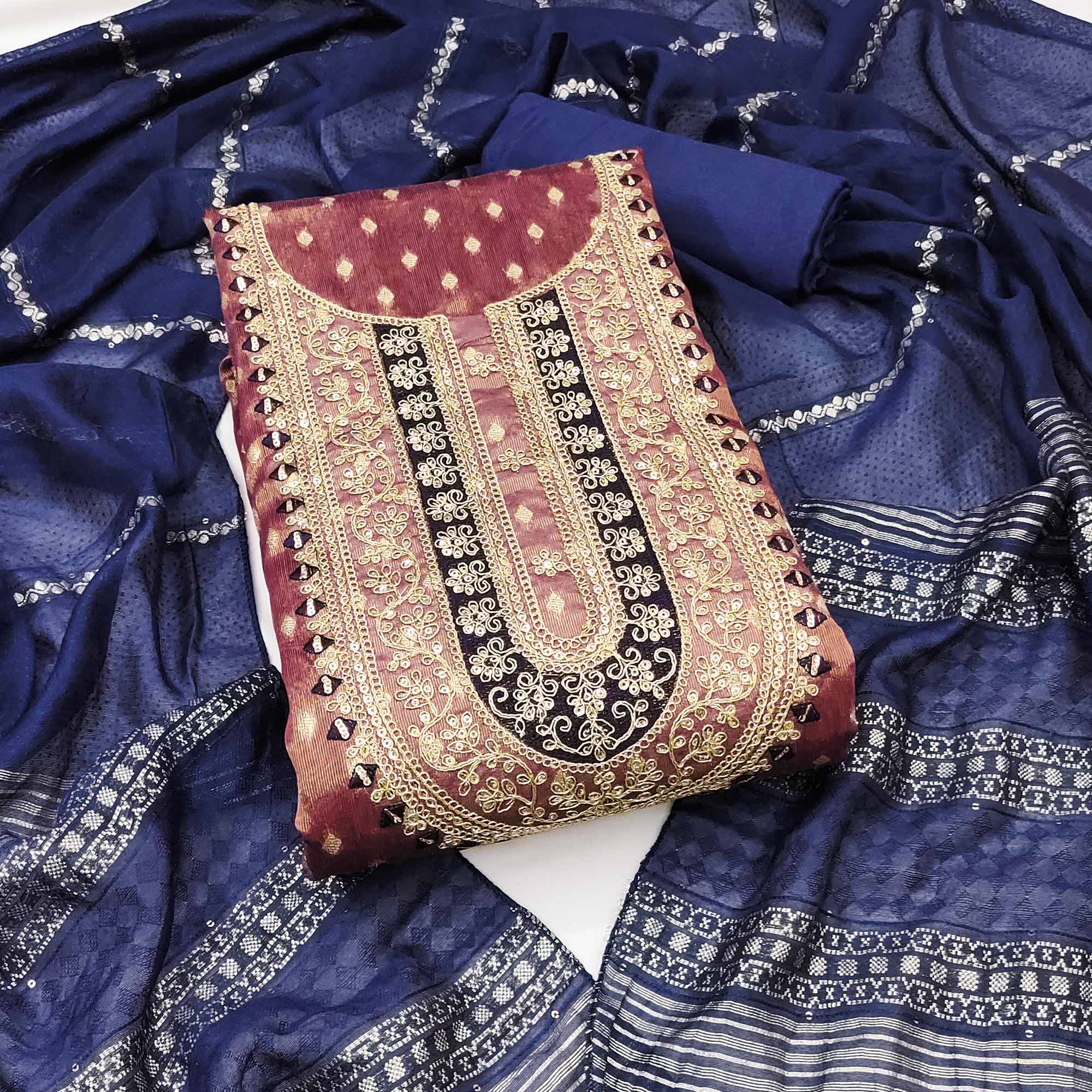 Wine Butti Jacquard Shimmer Dress Material Enhanced With Sequins Cording Embroidery