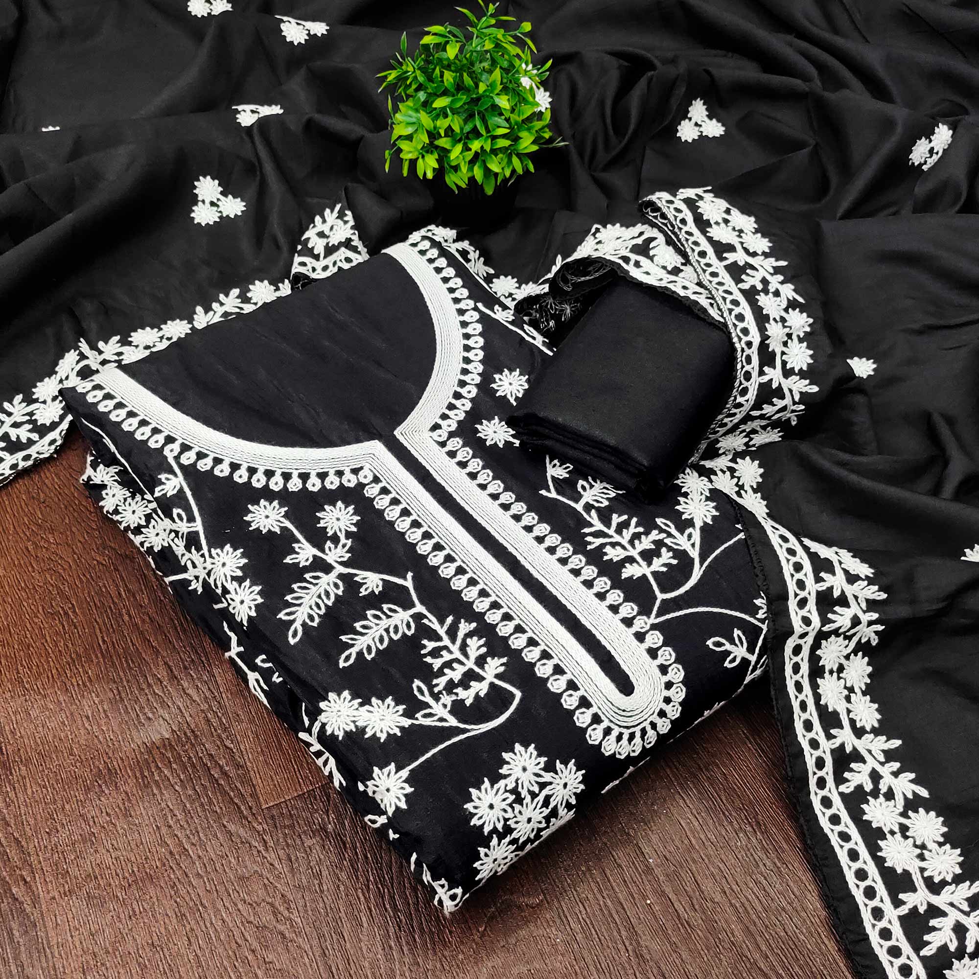 Black Art Silk Dress Material Adorned With Floral Thread Embroidery Work