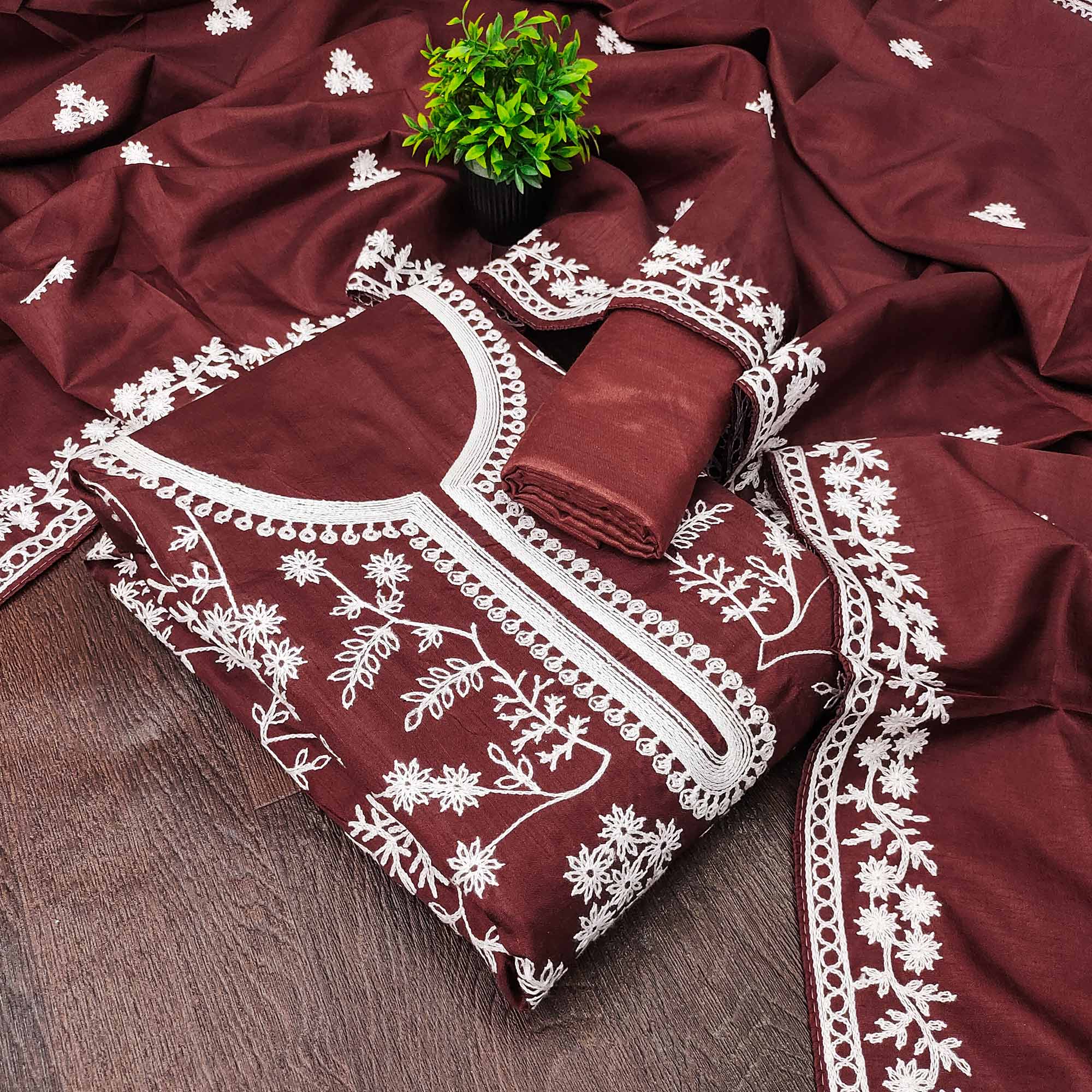 Maroon Art Silk Dress Material Adorned With Floral Thread Embroidery Work