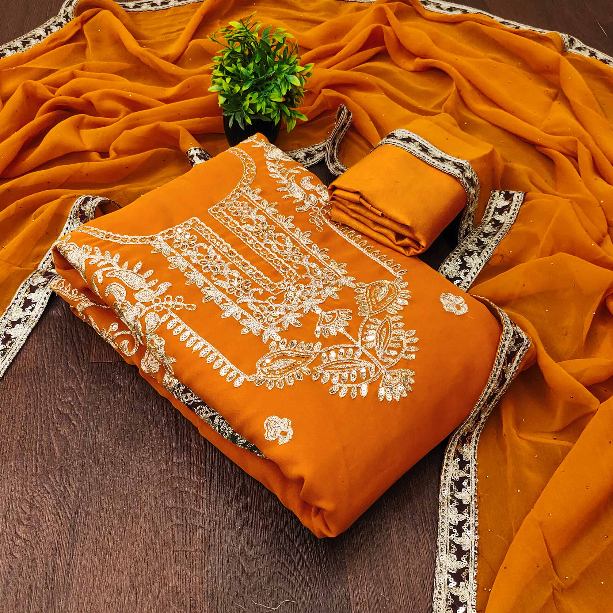 Mustard Georgette Dress Material Featuring Floral Thread Embroidery With Sequins Accents