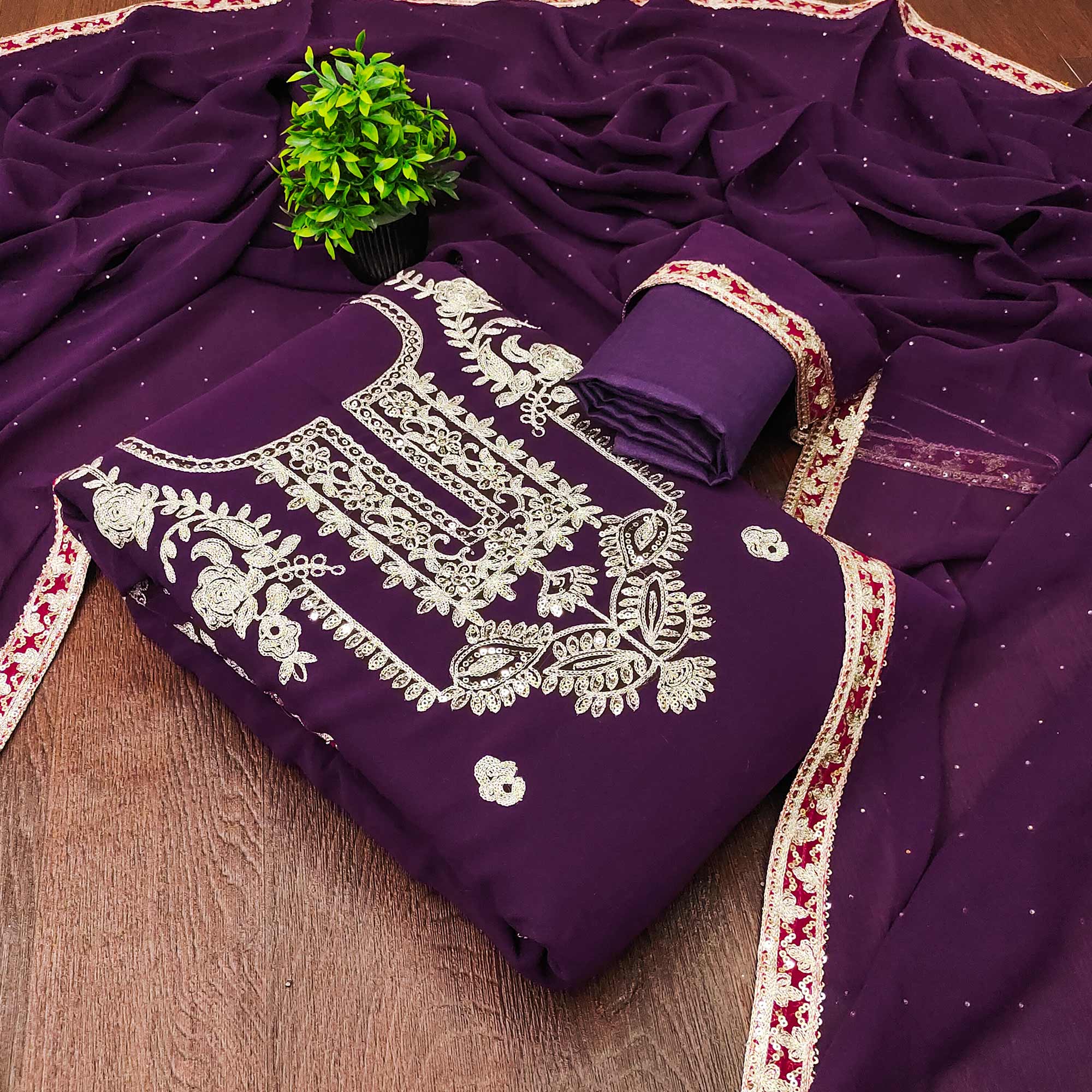 Purple Georgette Dress Material Featuring Floral Thread Embroidery With Sequins Accents