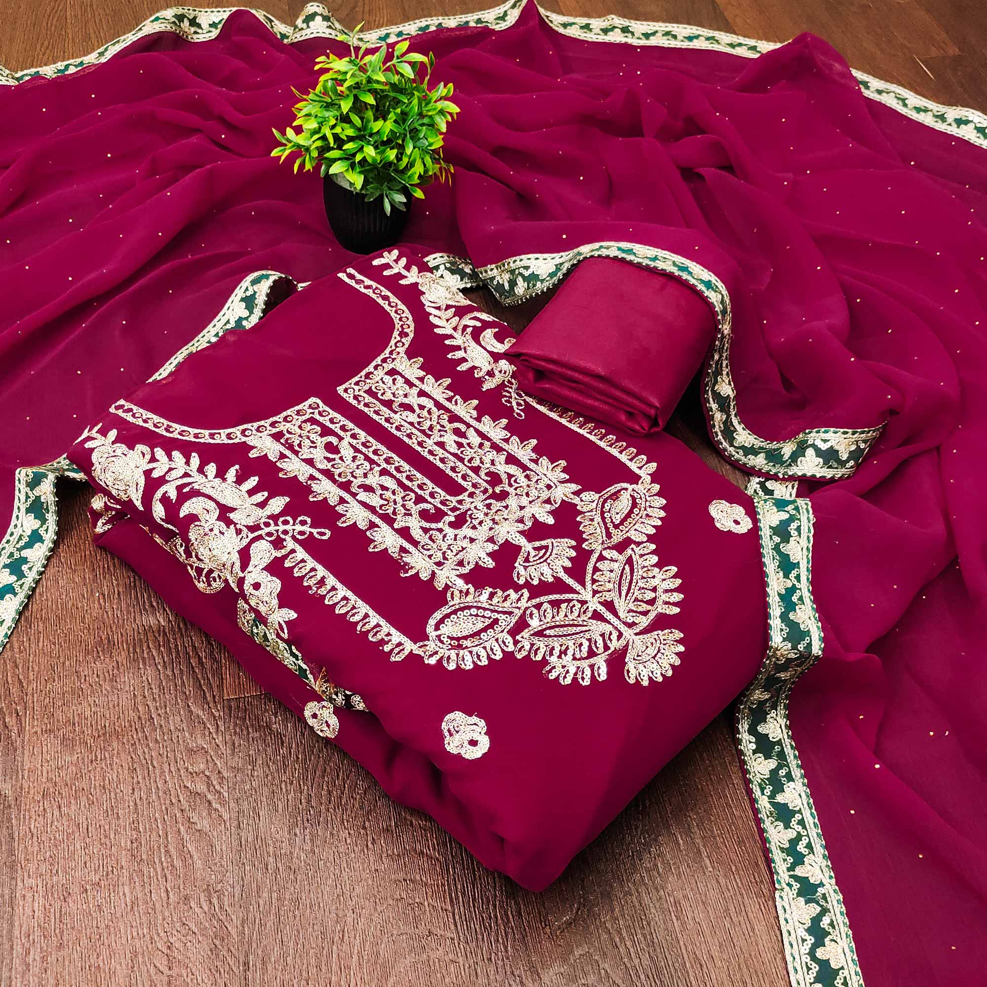 Rani Pink Georgette Dress Material Featuring Floral Thread Embroidery With Sequins Accents