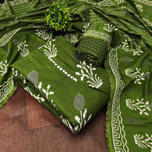 Green Cotton Blend Dress Material Designed With Beautiful Floral Prints