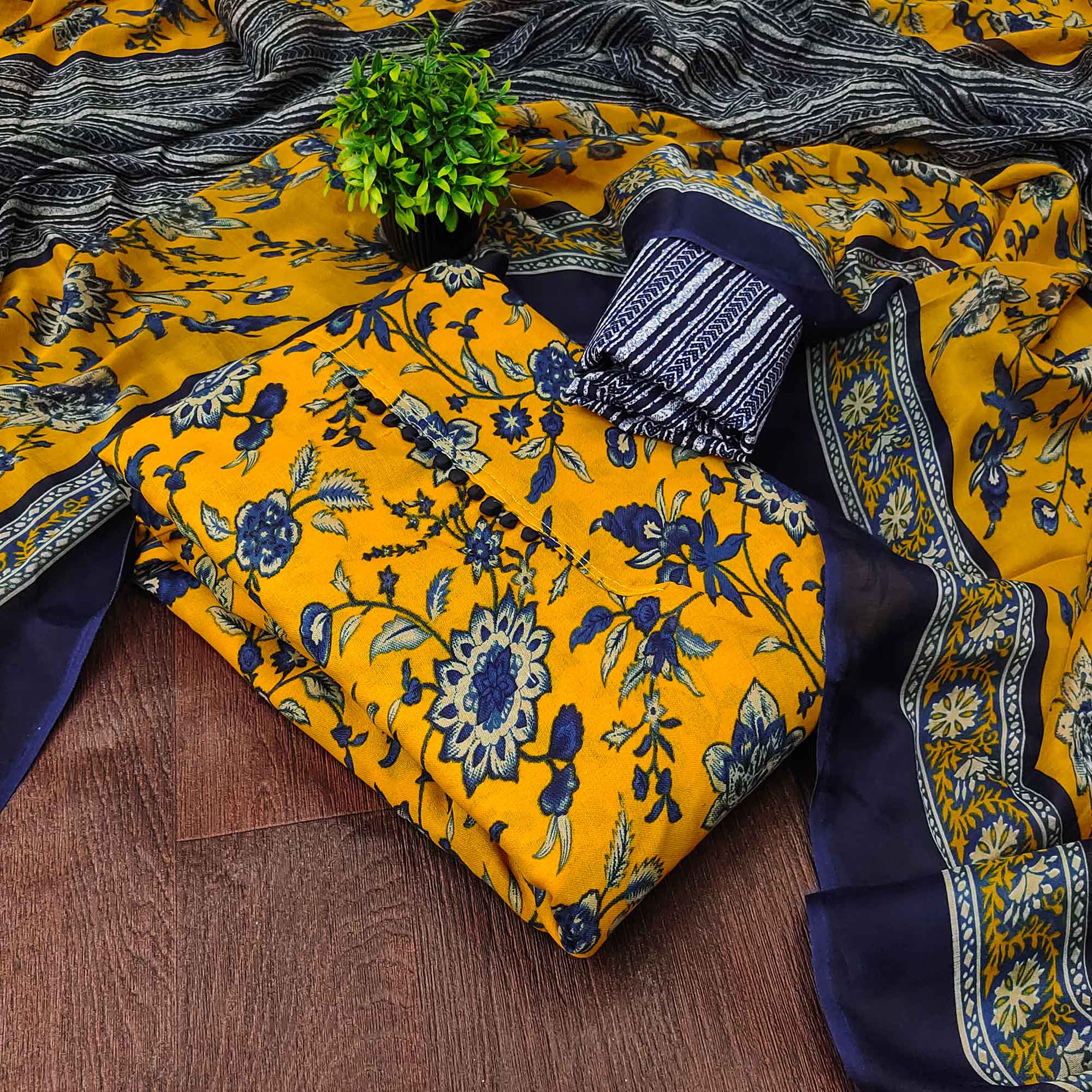 Yellow Cotton Blend Dress Material Designed With Beautiful Floral Prints