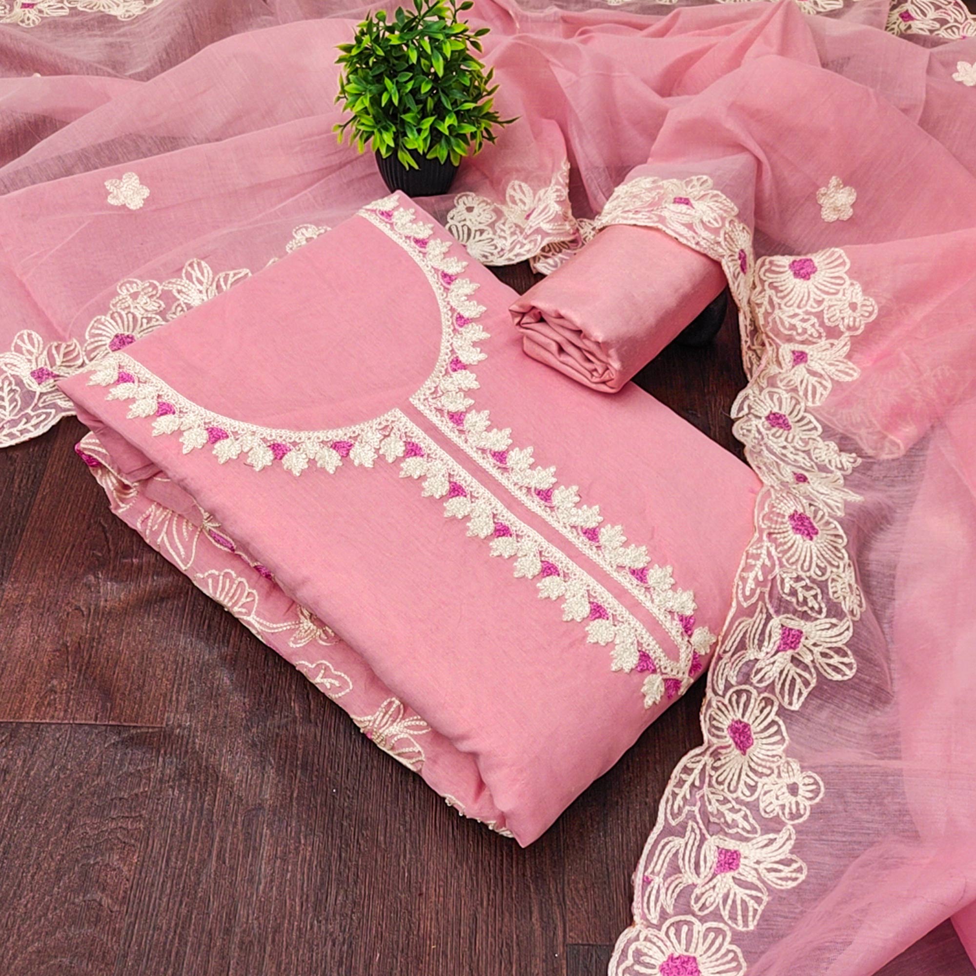 Baby Pink Chanderi Silk Dress Material Enhanced With Floral Thread Embroidered Work