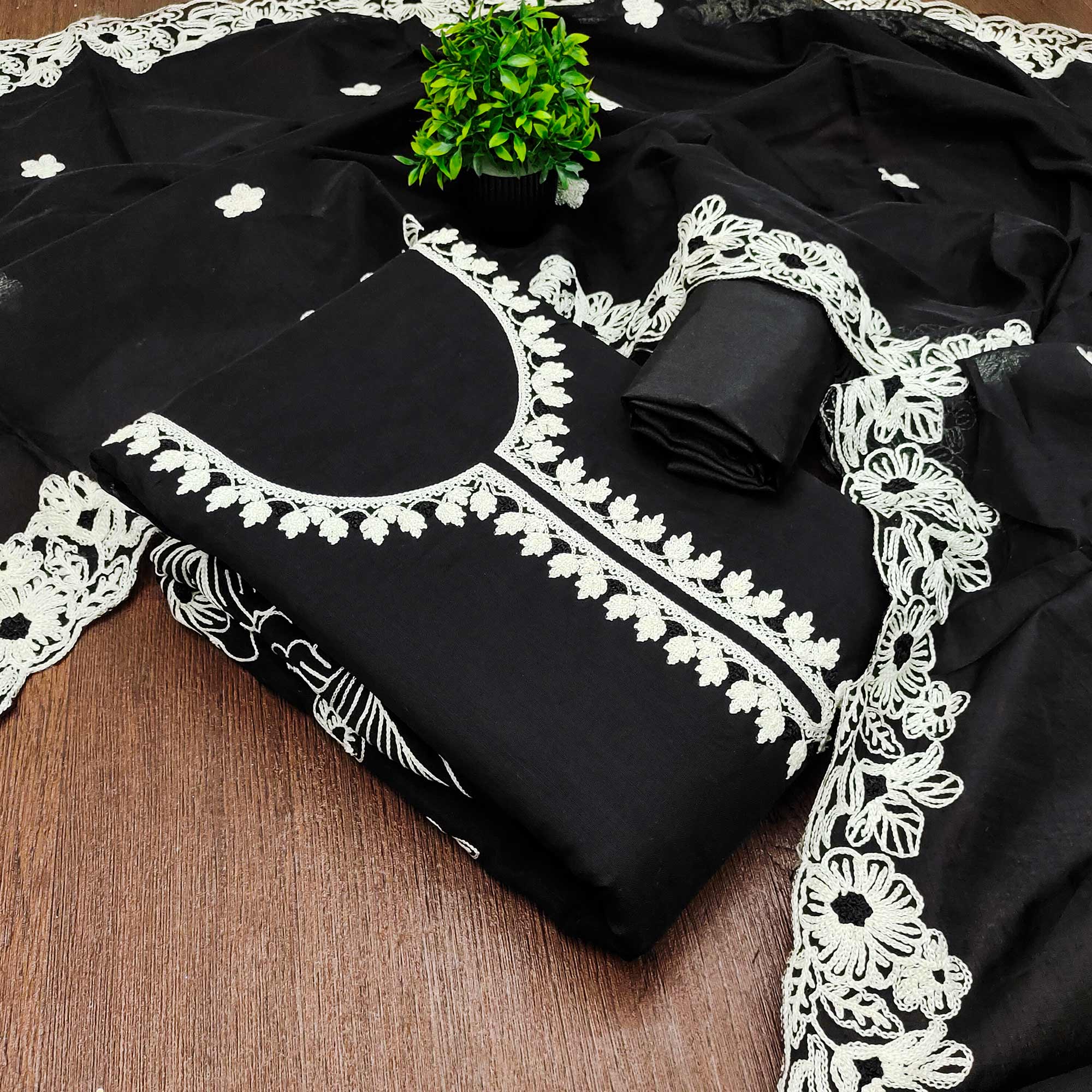 Black Chanderi Silk Dress Material Enhanced With Floral Thread Embroidered Work