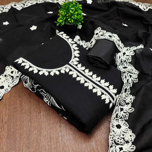 Black Chanderi Silk Dress Material Enhanced With Floral Thread Embroidered Work