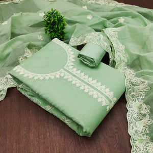 Green Chanderi Silk Dress Material Enhanced With Floral Thread Embroidered Work