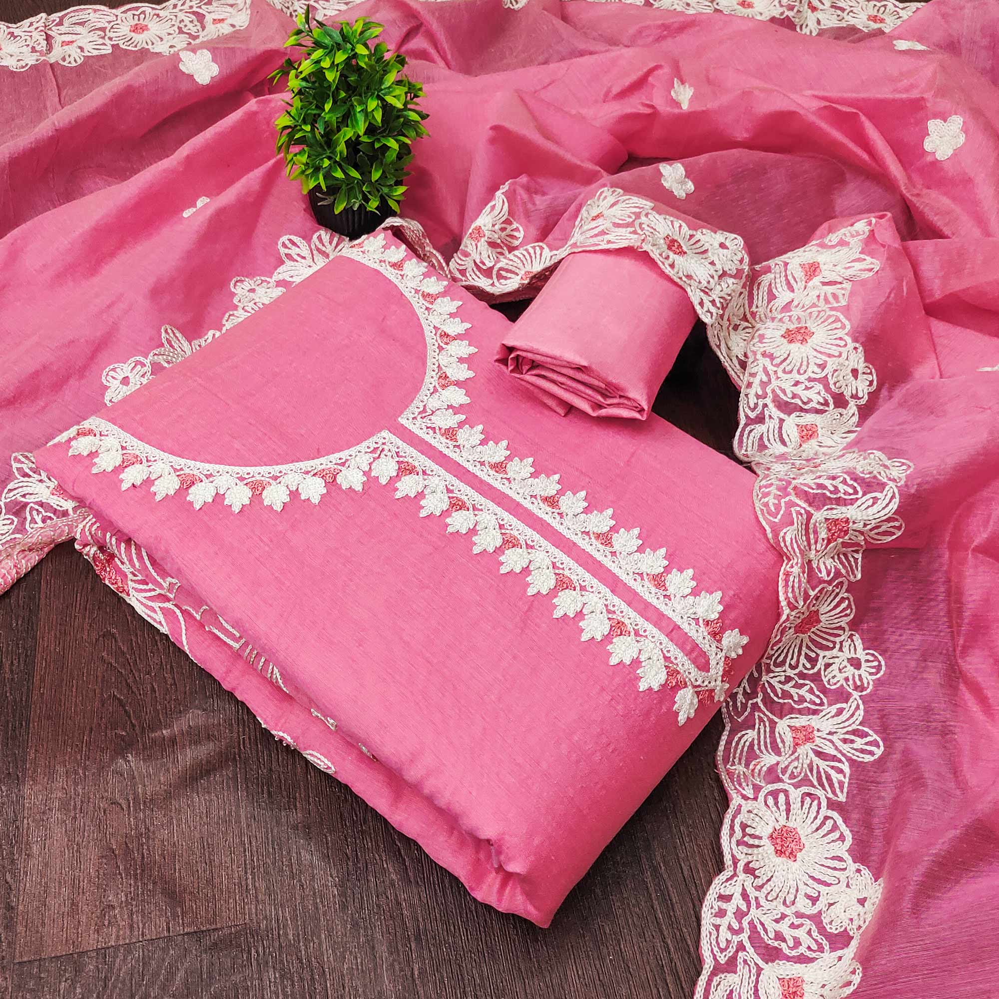 Pink Chanderi Silk Dress Material Enhanced With Floral Thread Embroidered Work