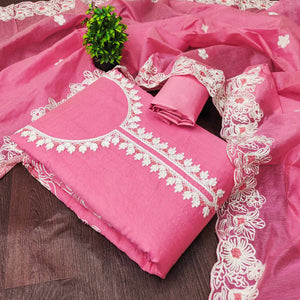 Pink Chanderi Silk Dress Material Enhanced With Floral Thread Embroidered Work