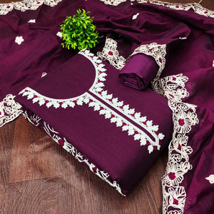 Purple Chanderi Silk Dress Material Enhanced With Floral Thread Embroidered Work