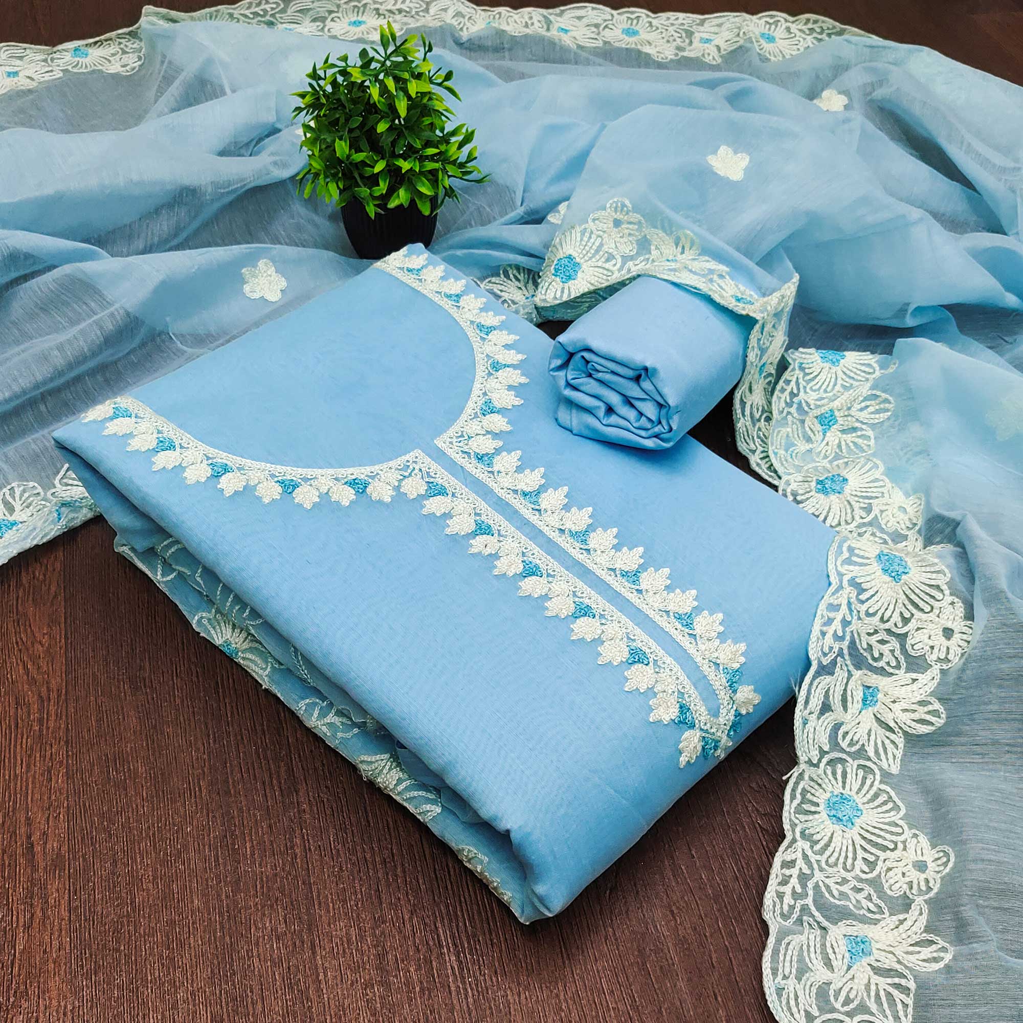 Sky Blue Chanderi Silk Dress Material Enhanced With Floral Thread Embroidered Work
