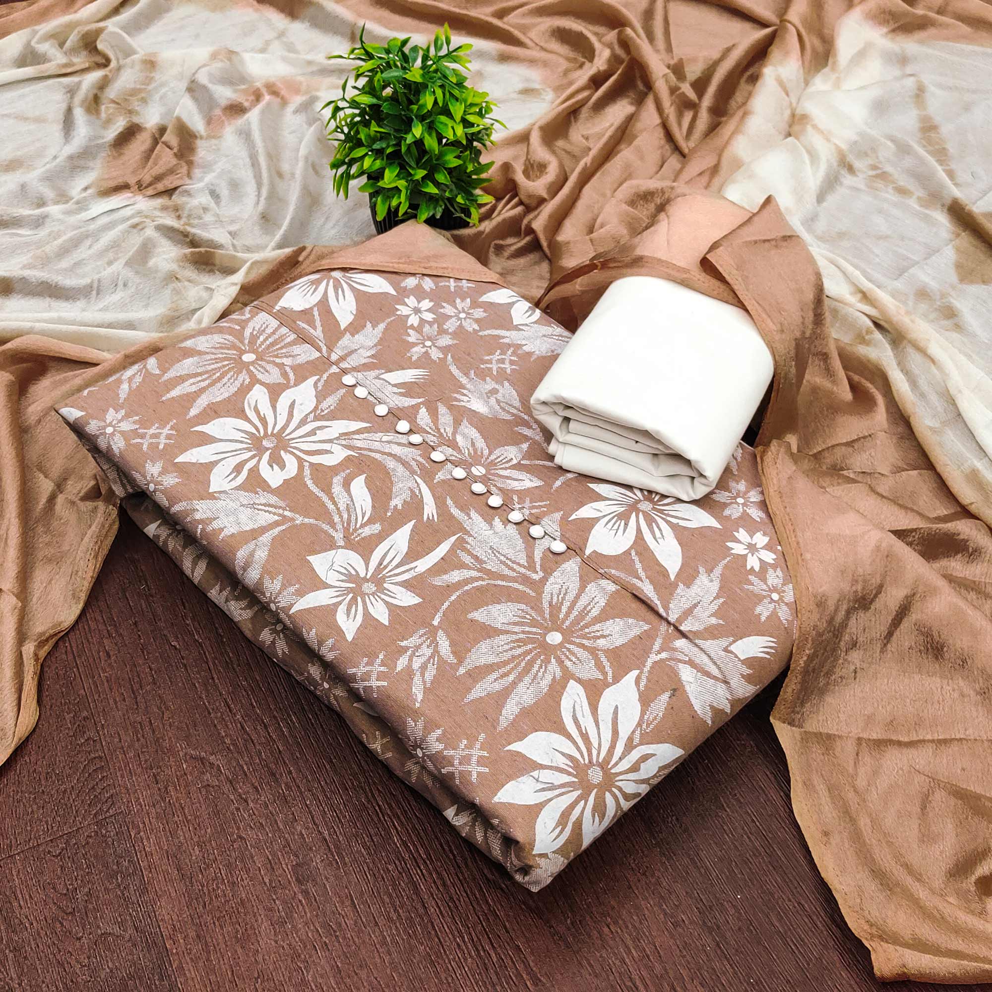 Brown Cotton Blend Dress Material Adorned With Floral Printed Work