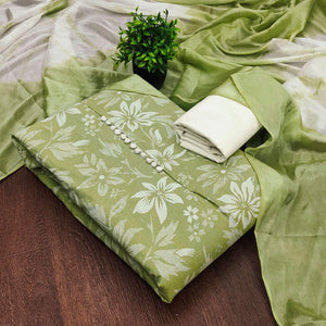 Green Cotton Blend Dress Material Adorned With Floral Printed Work