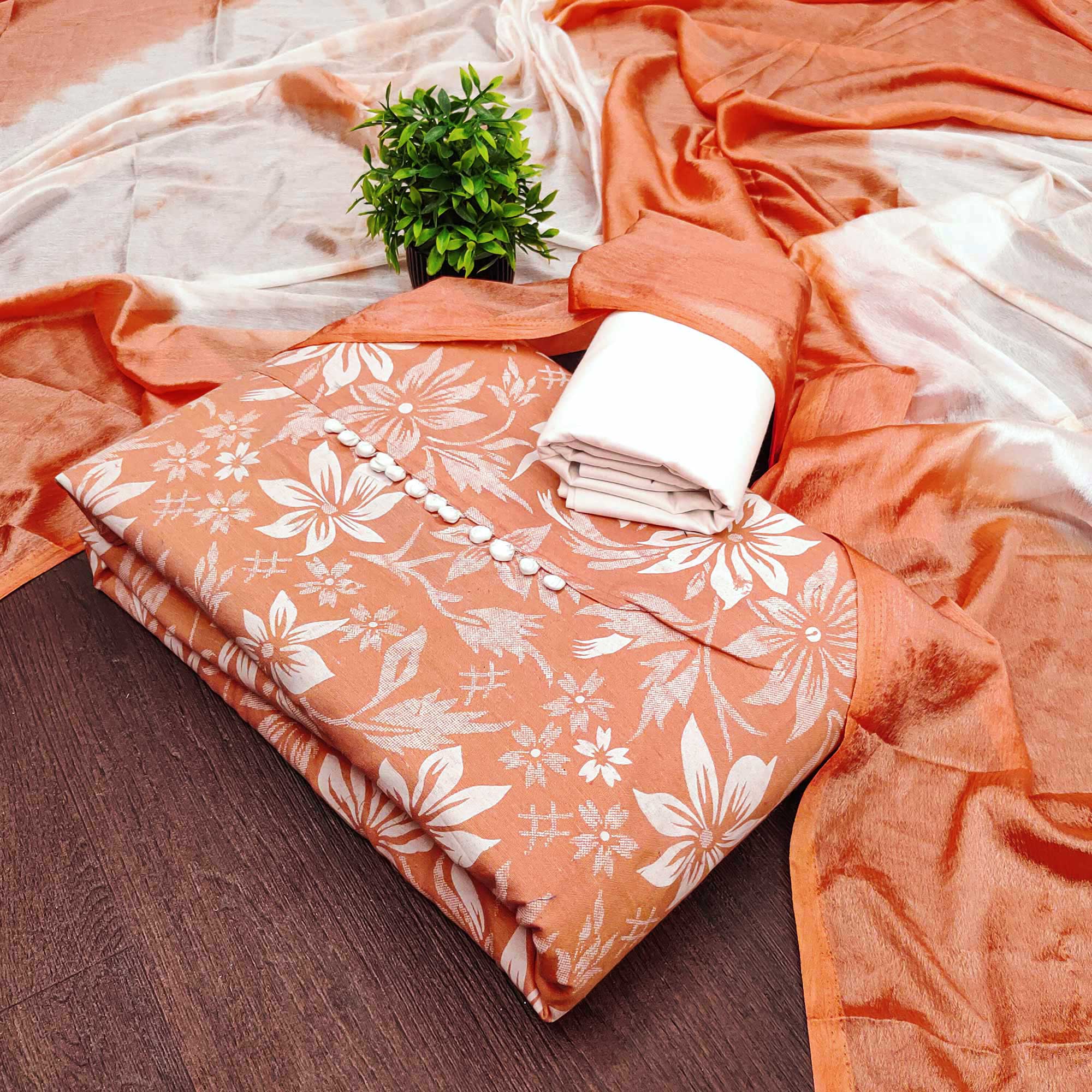 Peach Cotton Blend Dress Material Adorned With Floral Printed Work