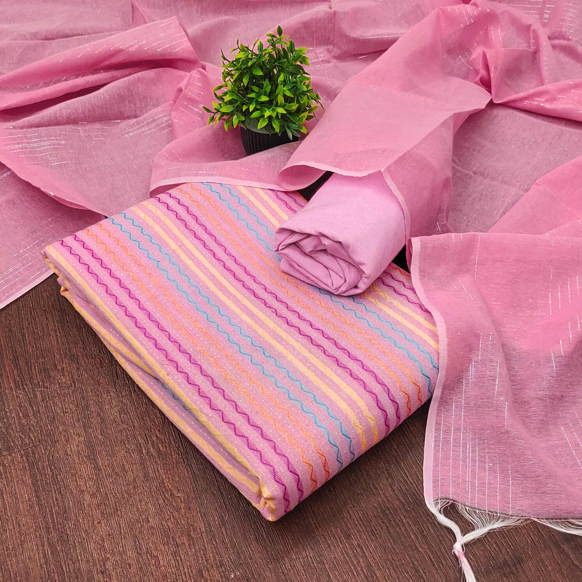 Pink Poly Cotton Blend  Dress Material Highlighted With Striped Woven Work