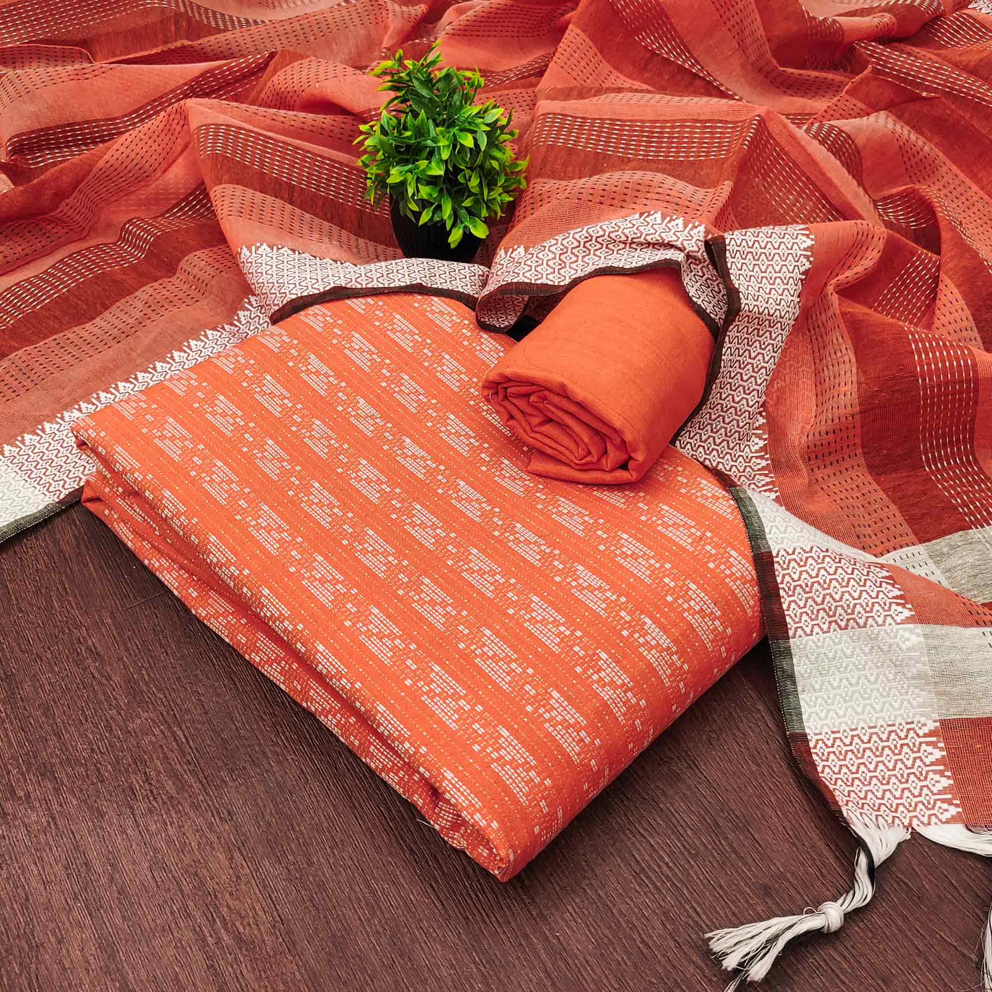 Orange Poly Cotton Blend Dress Material With Striped Pattern Weaving Work