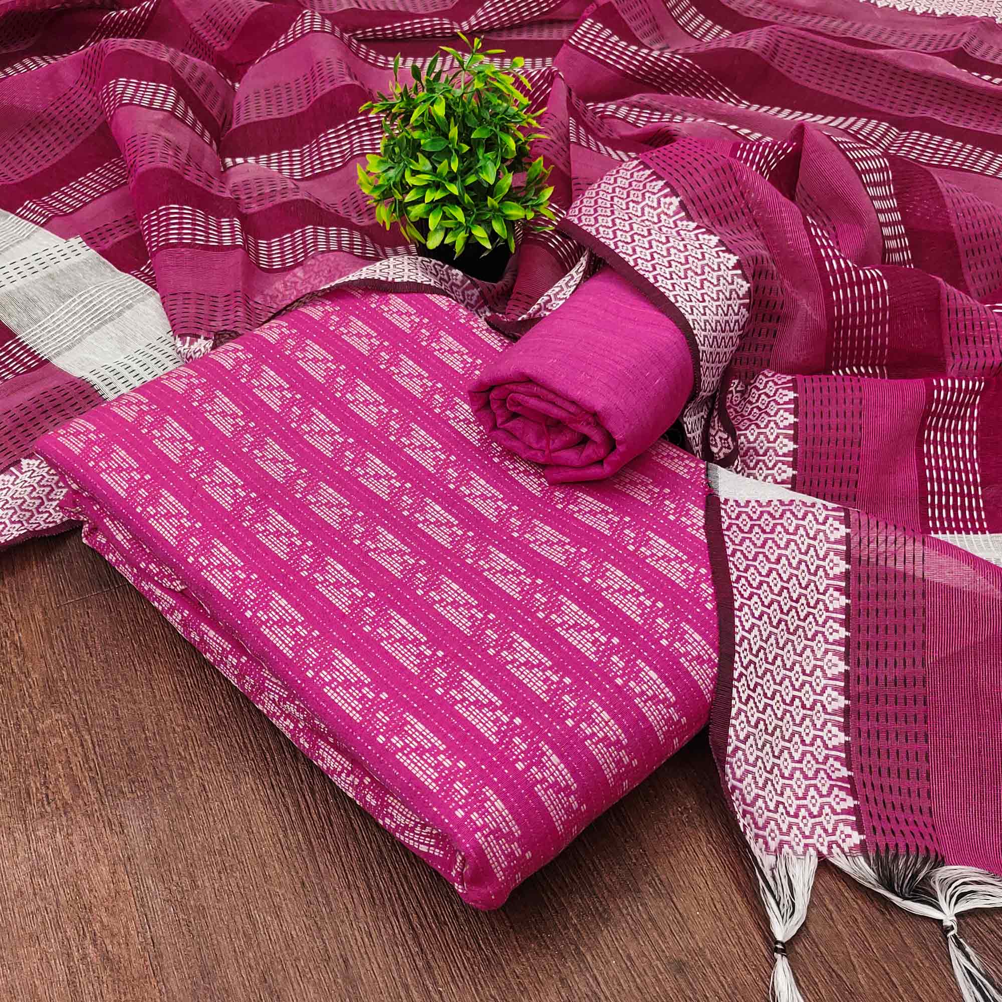 Pink Poly Cotton Blend Dress Material With Striped Pattern Weaving Work