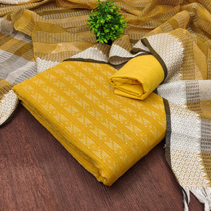 Yellow Poly Cotton Blend Dress Material With Striped Pattern Weaving Work