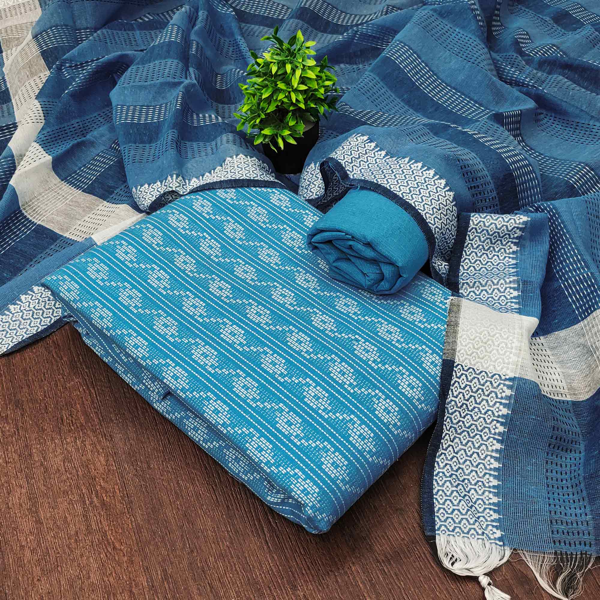Blue Poly Cotton Blend Dress Material With Striped Pattern Weaving Work