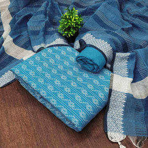 Blue Poly Cotton Blend Dress Material With Striped Pattern Weaving Work