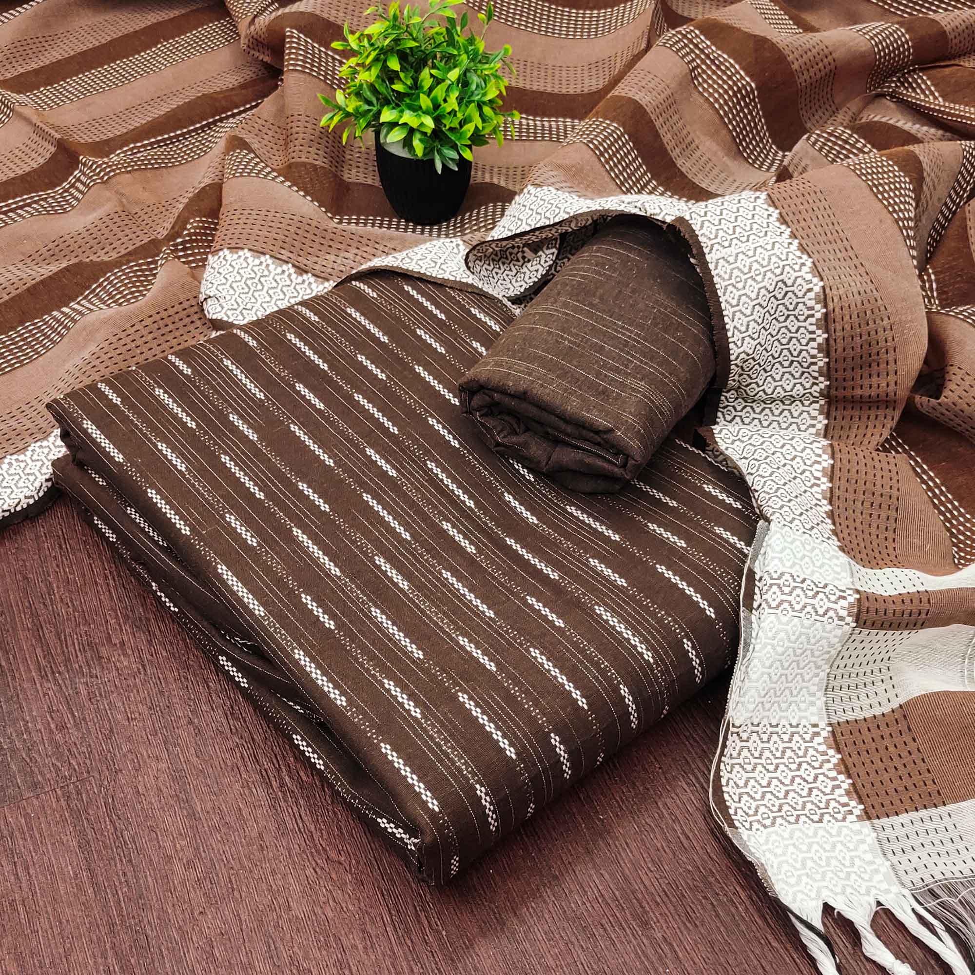Brown Poly Cotton Blend Dress Material Adorned With Striped Weaving Work