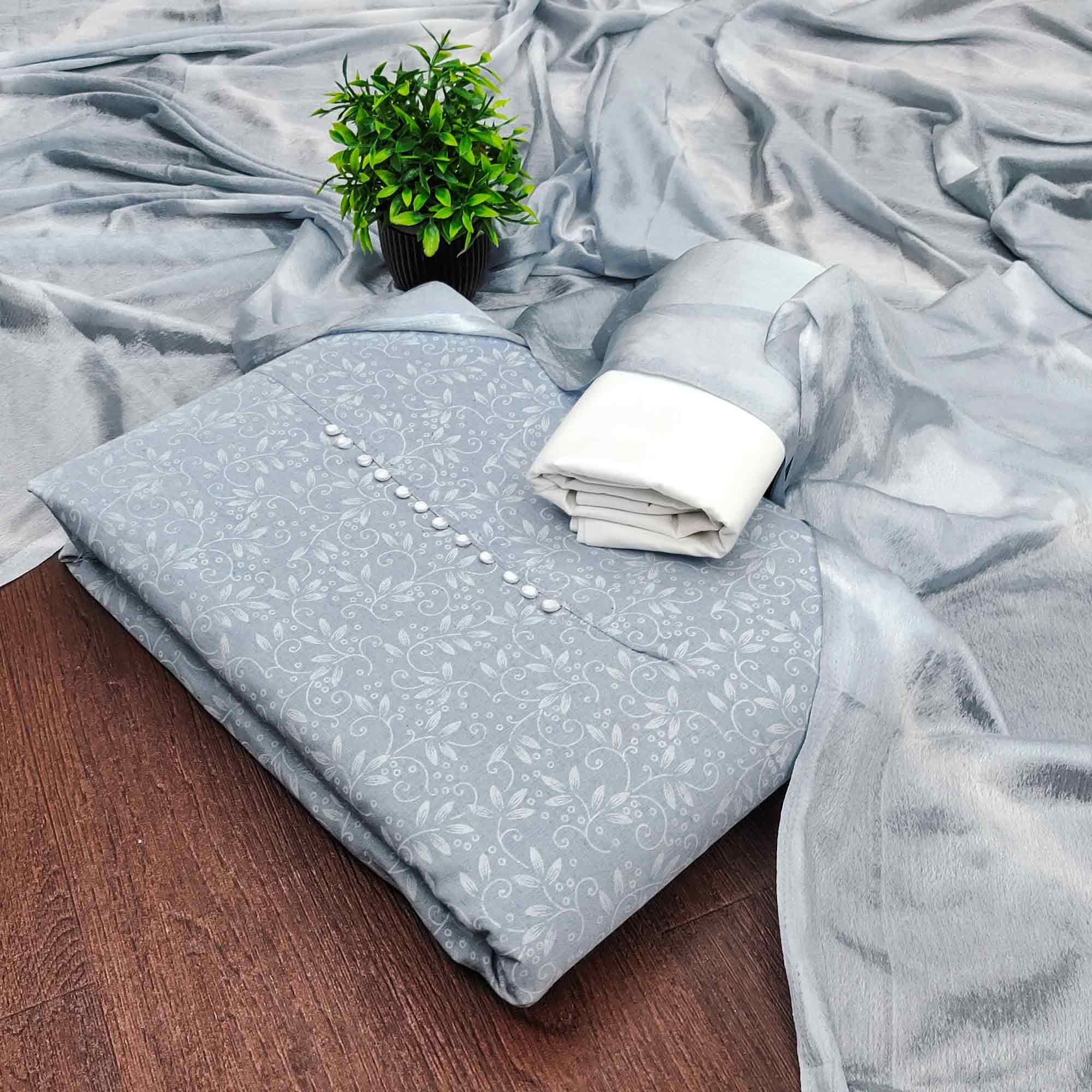 Grey Cotton Blend Dress Material Enhanced With Artistic Floral Printed Work