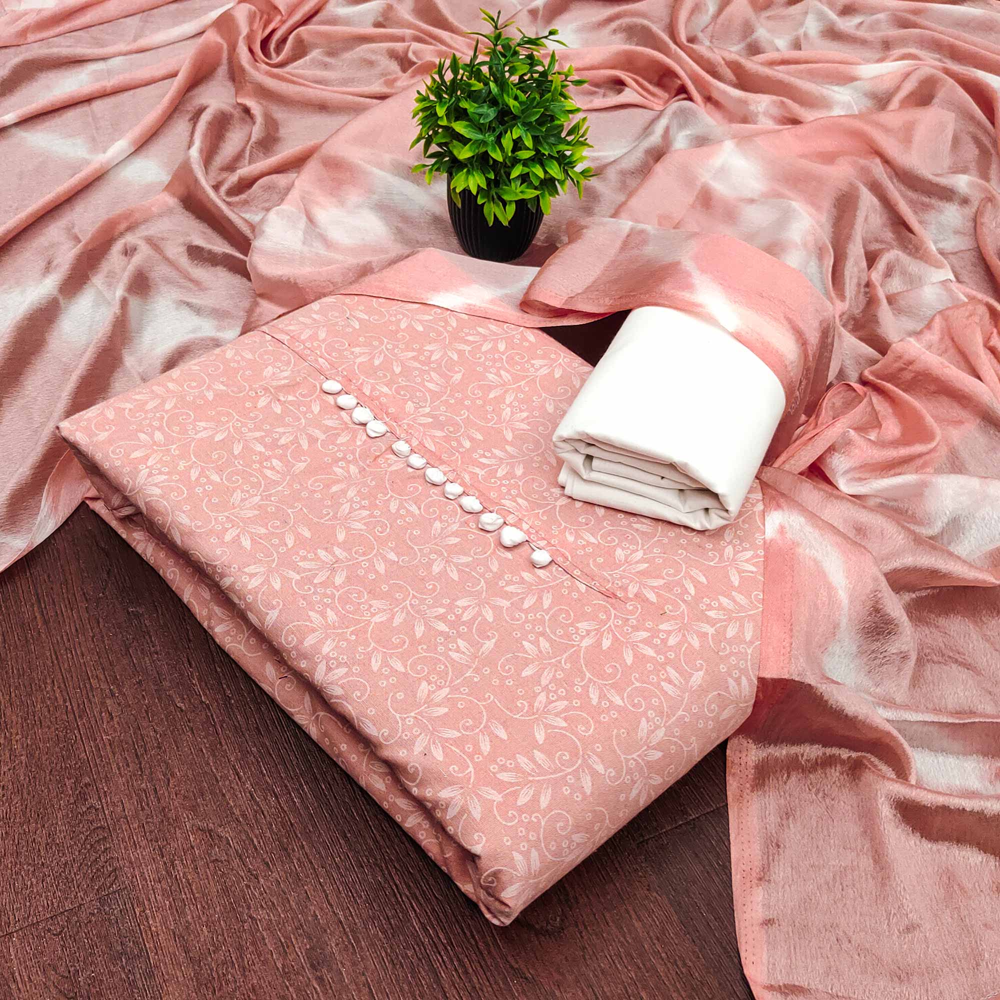 Peach Cotton Blend Dress Material Enhanced With Artistic Floral Printed Work