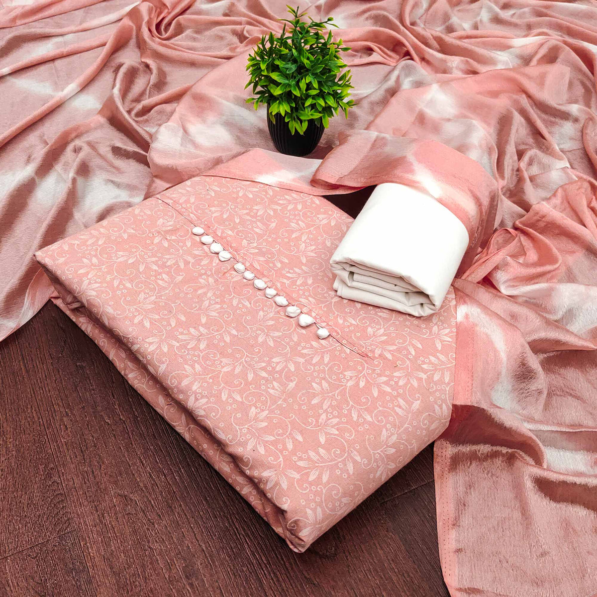 Peach Cotton Blend Dress Material Enhanced With Artistic Floral Printed Work
