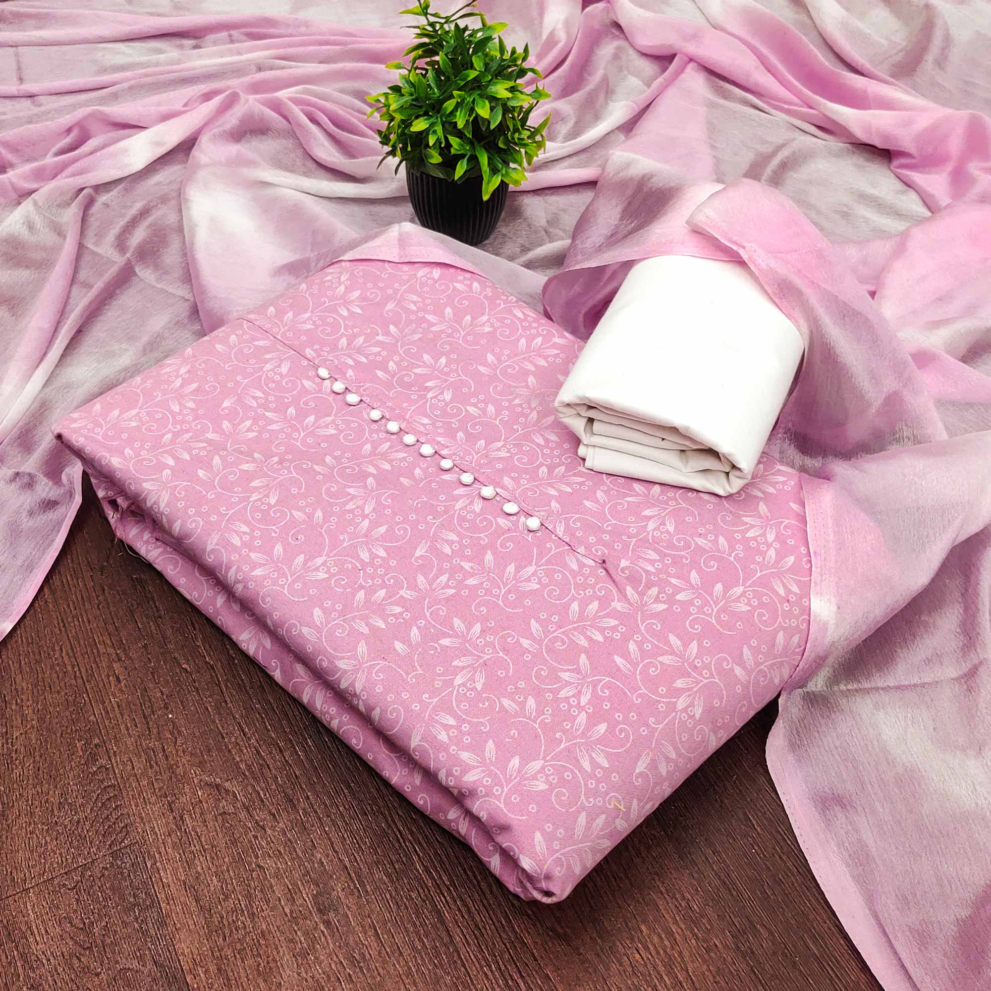 Pink Cotton Blend Dress Material Enhanced With Artistic Floral Printed Work